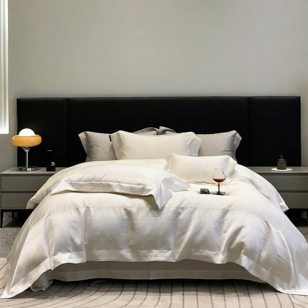 Hotel-Style Organic Cotton Duvet Cover Set with Woven Border and Envelope Pillowcases