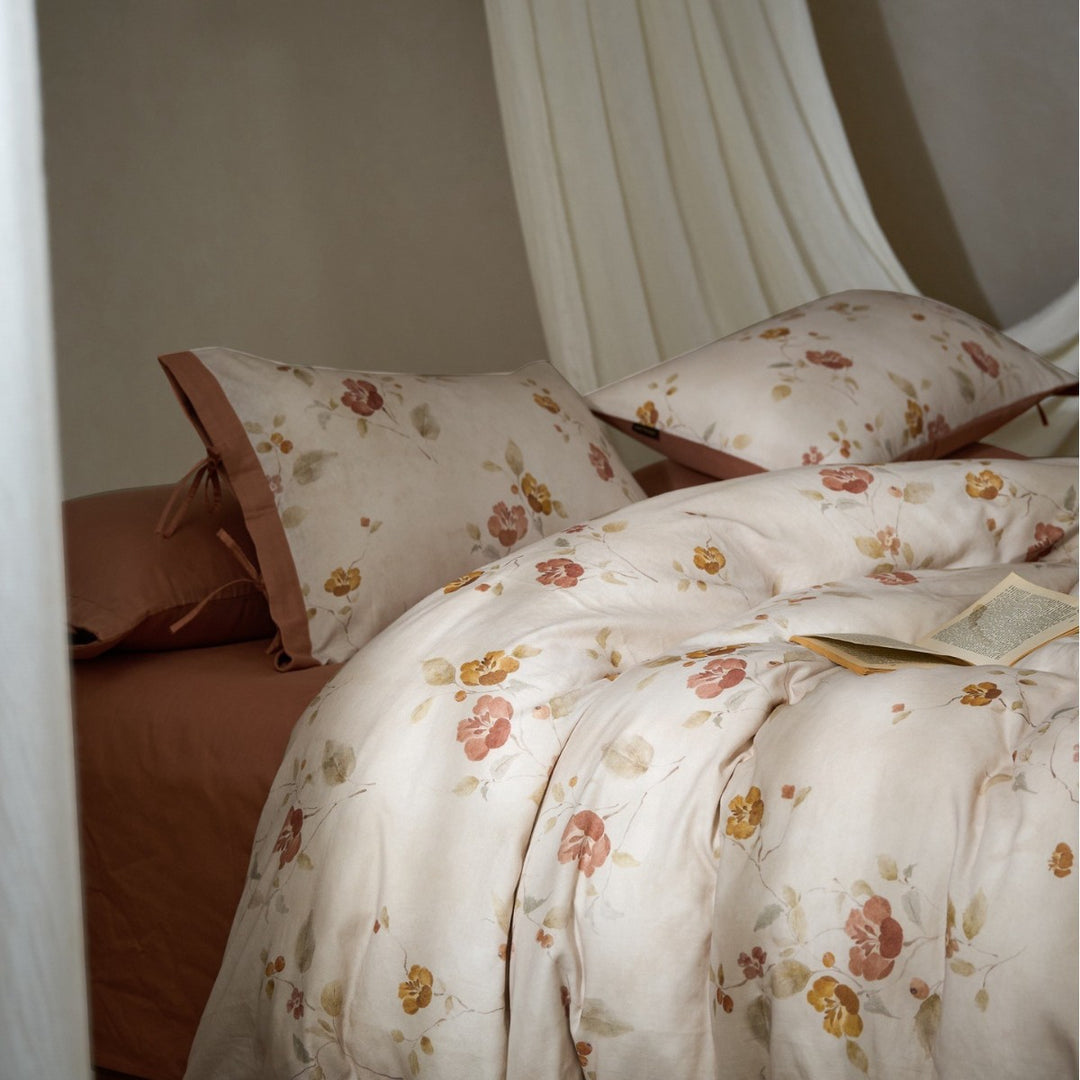 Floral Cotton Sateen Reversible Duvet Cover Set with Solid-Back Oxford Shams