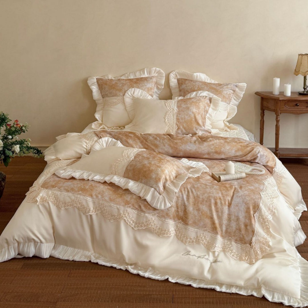 Luxurious bedding set with ruffles and lace trim