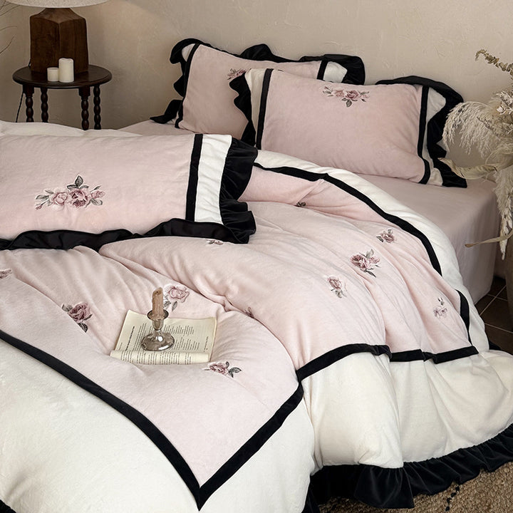 Floral Embroidered Ruffled Duvet Cover Ensemble with Velvet-Framed Panels and Pillow Shams