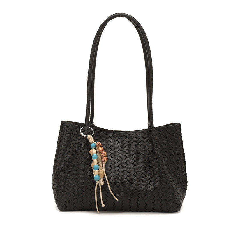 Woven Leather Tote Bag with Decorative Charms