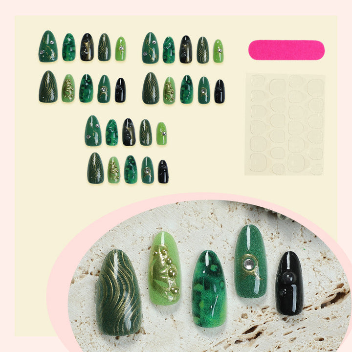 Artistic Press-On Nail Art Set with Emerald and Gold Designs Stornfield