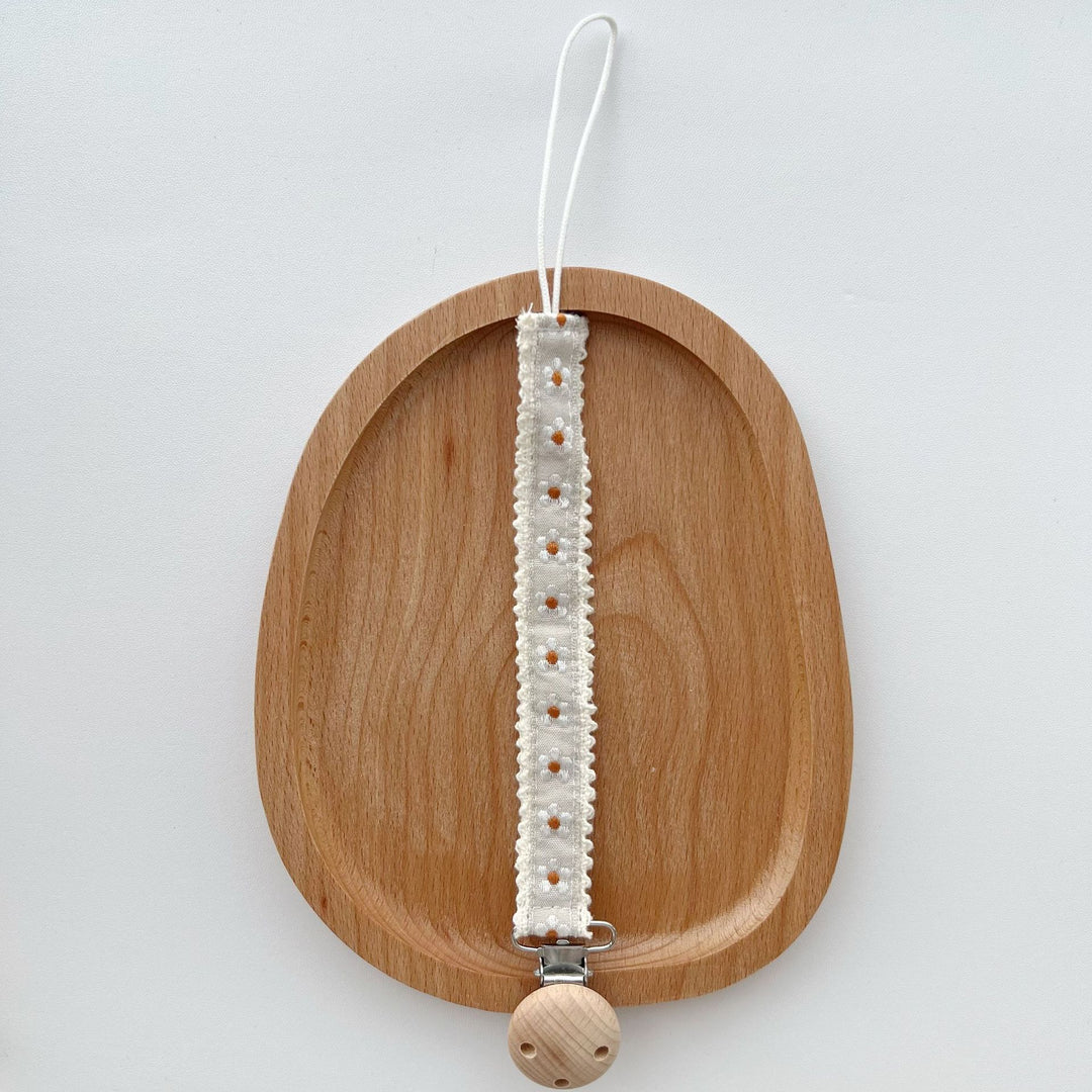 Natural Wooden Bead Pacifier Clip with Embroidered Cotton Lace Strap