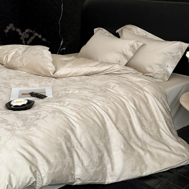 Embroidered Satin-Jacquard Duvet Cover Set with Leaf-Edge Pillow Shams