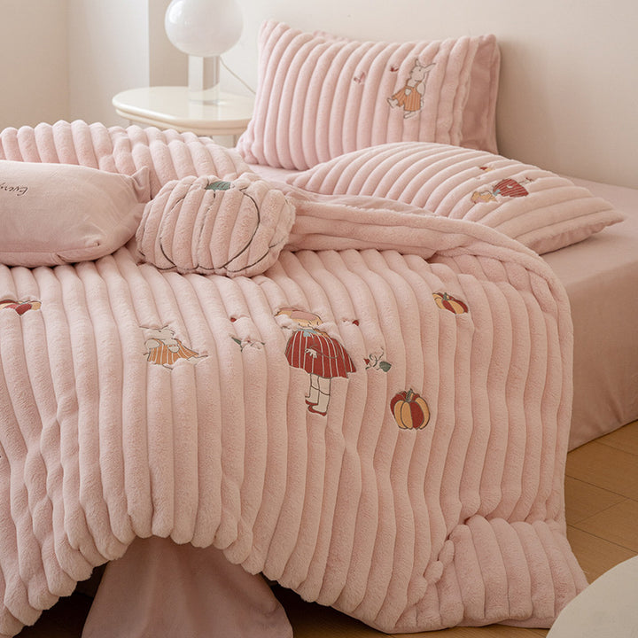 Plush Ribbed Corded Duvet Cover Set with Embroidered Whimsical Motifs