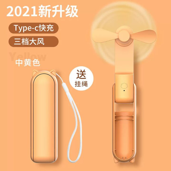 Unisex one size foldable rechargeable triple handheld mini fan with integrated power bank USB-C and USB-A connections as well as wrist strap Stornfield