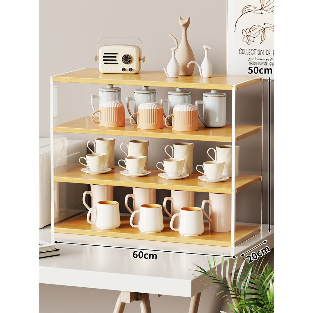 Compact Multi-Level Countertop Cup and Mug Display Shelf with Bamboo Shelves and Transparent Sides