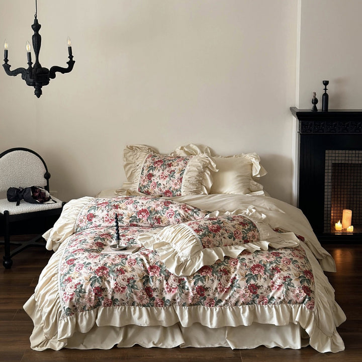 Romantic cotton satin bedding set with floral print, ruffle and decorative pillows