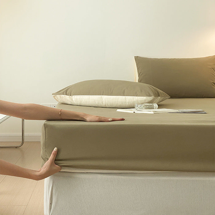 Smooth cotton percale bed sheet set with extra overhang and reversible pillowcases