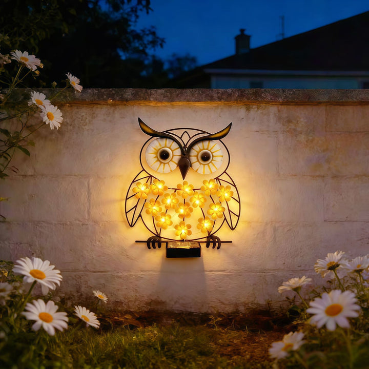 Metal Owl Wall Art With Solar Powered LED Floral Lights And Iron Frame Stornfield
