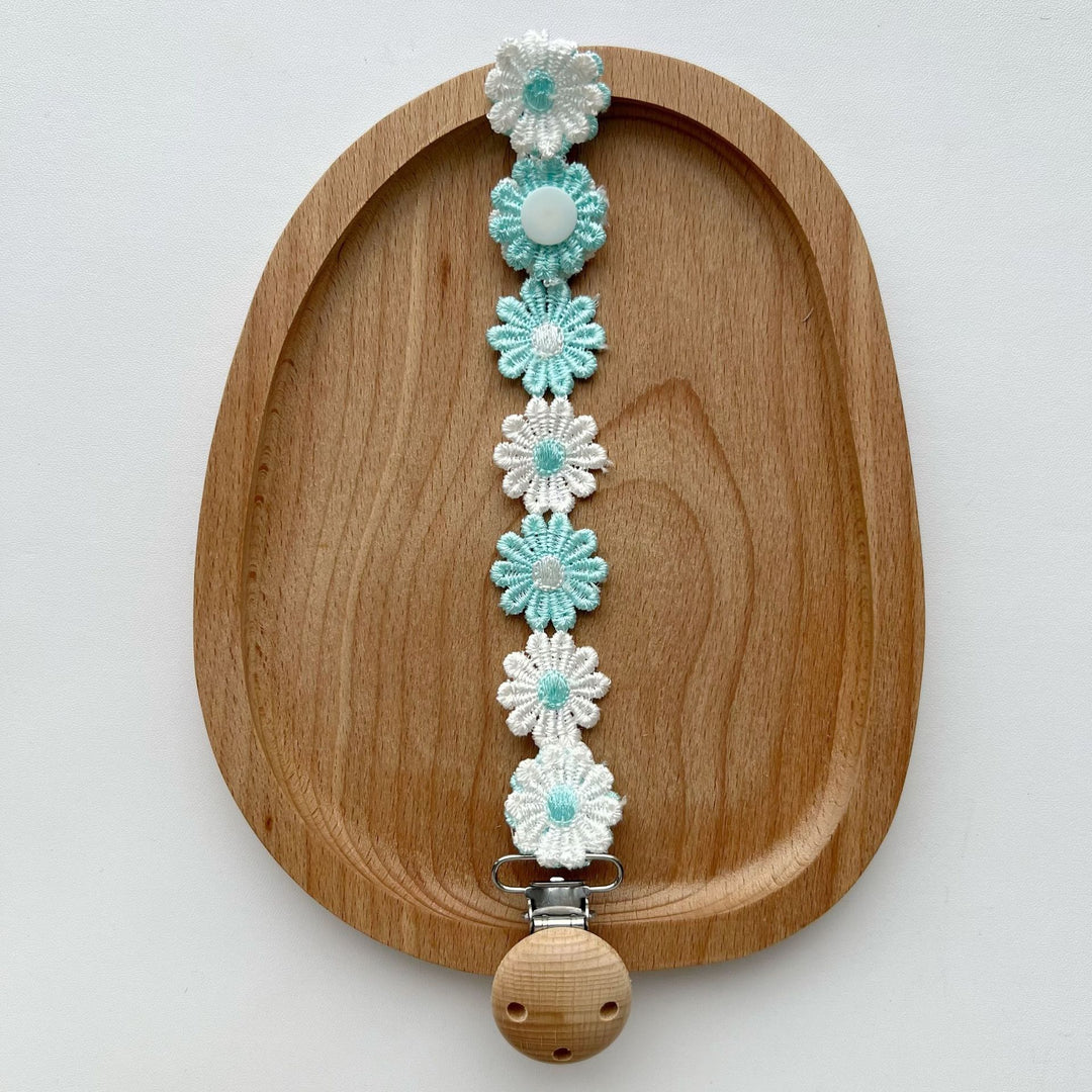 Handmade Crochet Daisy Pacifier Clip with Wooden Safety Clamp