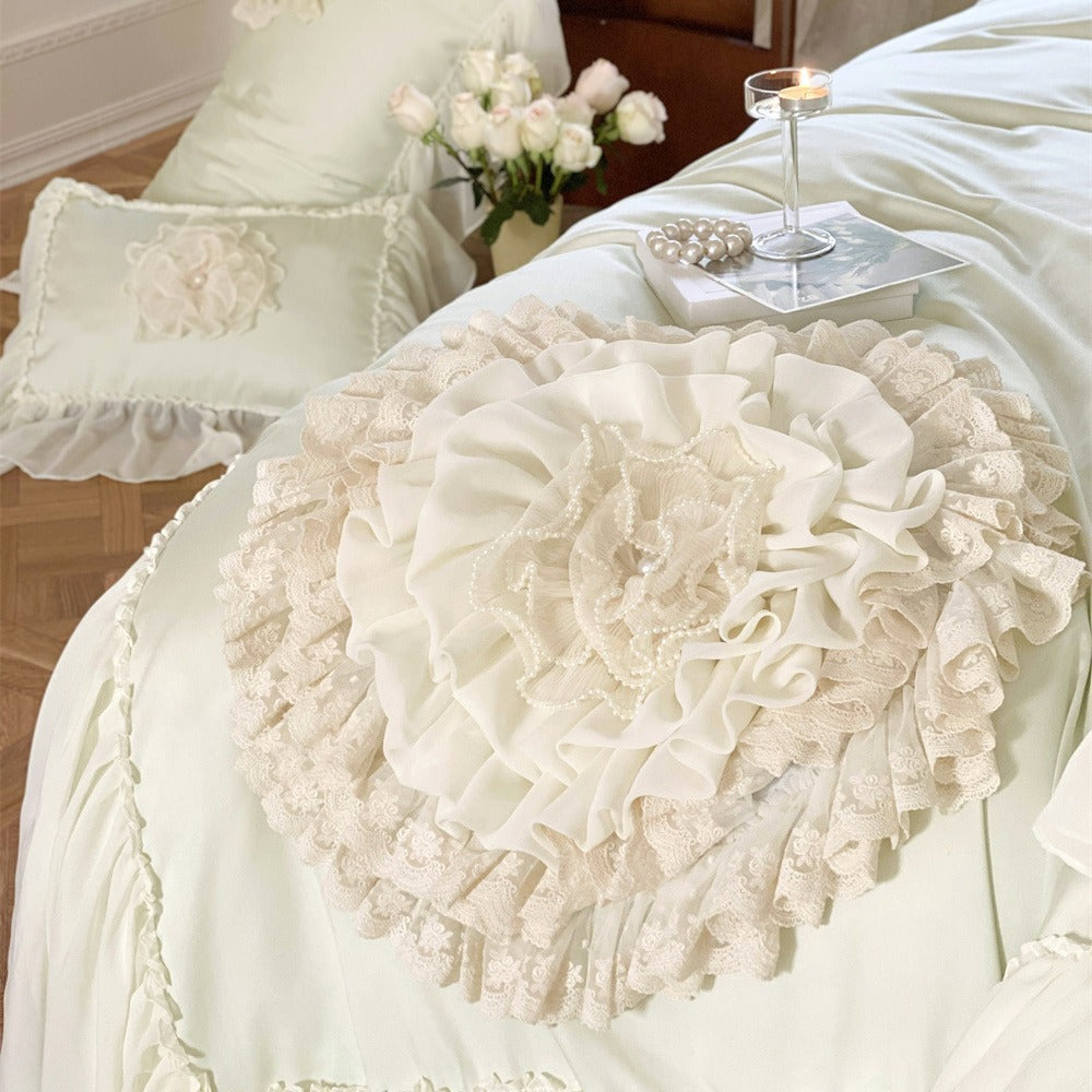 Romantic bedding set with chiffon ruffles and 3D flower appliqués