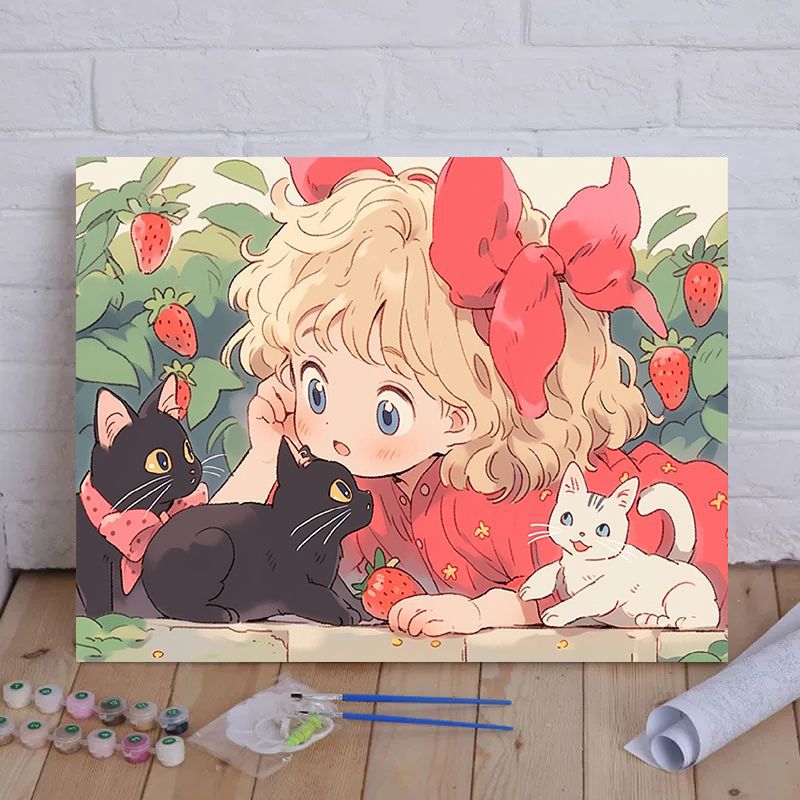 Cartoon Cat and Girl Themed Canvas Paint by Numbers Art Kit Stornfield