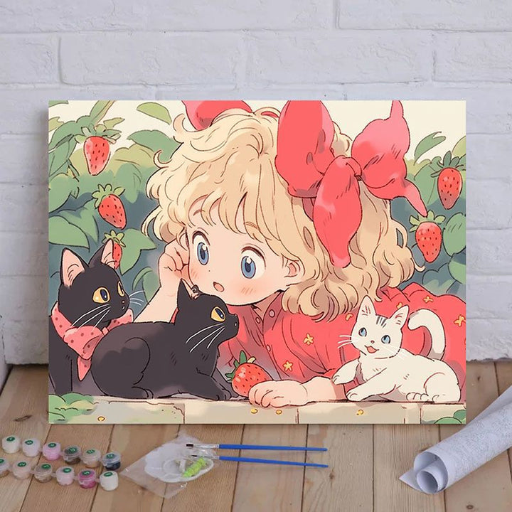 Cartoon Cat and Girl Themed Canvas Paint by Numbers Art Kit Stornfield