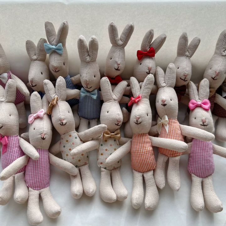 Hand-Sewn Linen Bunny Comforter Doll with Gingham Pocket Dress