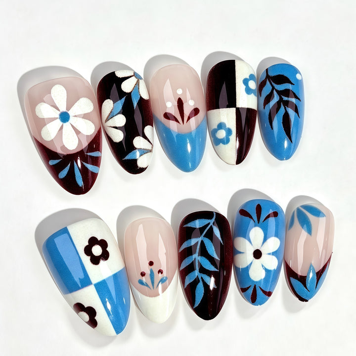 Artistic Press-On Nail Set with Floral and Geometric Designs