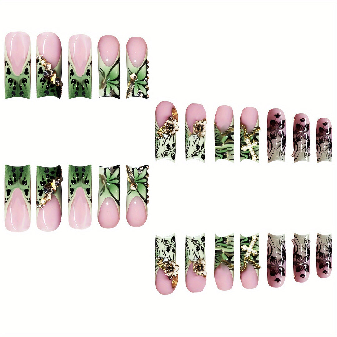 Decorative Floral Press-On Nails with Gem Accents Stornfield