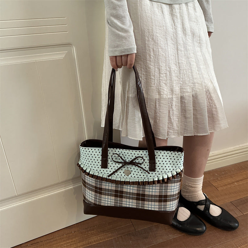 Plaid Tote with Ruffle Accent