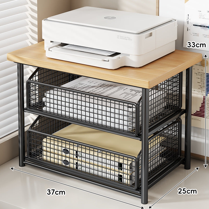 Compact Desktop Printer Stand with Wooden Top and Sliding Mesh Drawer