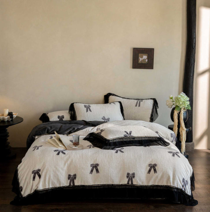 Embroidered Bow Ruffled Duvet Cover Set with Textured Cotton-Linen Weave