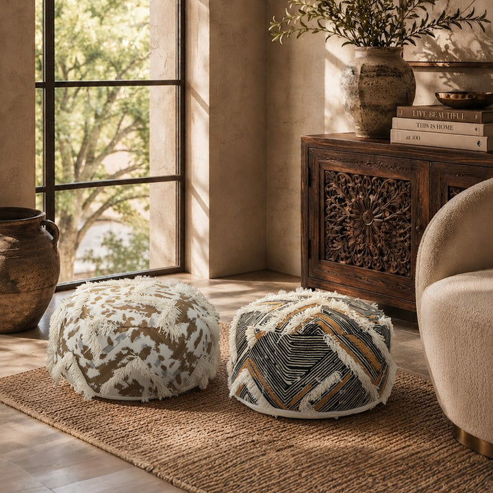 Round Boho Seat Pouf with Hand-Tufted Structure and Decorative Fringes Stornfield