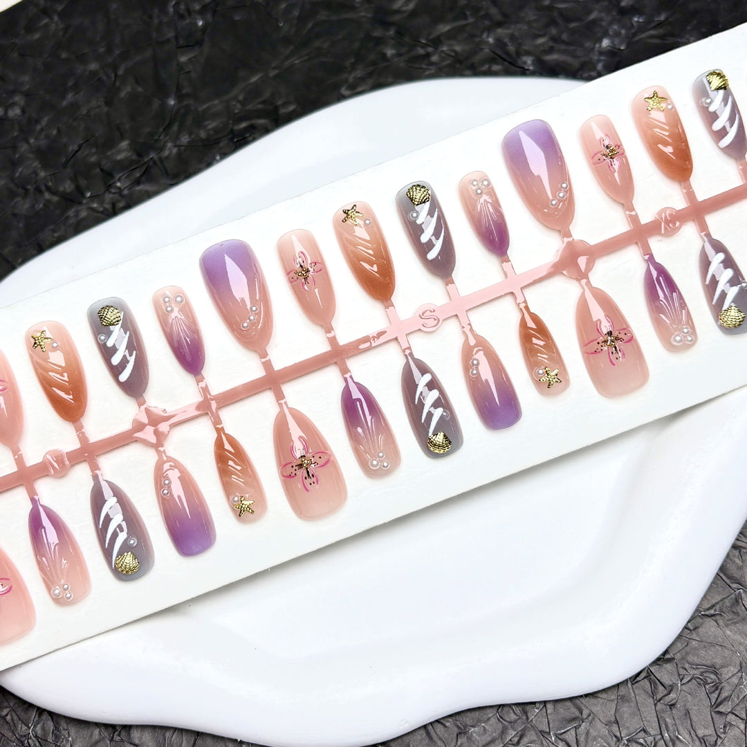 Artistic Press-On Nail Art Set with Floral and Gem Details