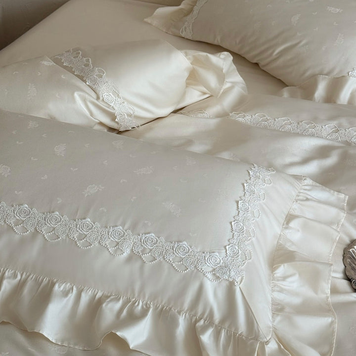 Ruffled Satin-Feel Duvet Cover Set with Delicate Rose Lace Border and Frilled Pillow Shams