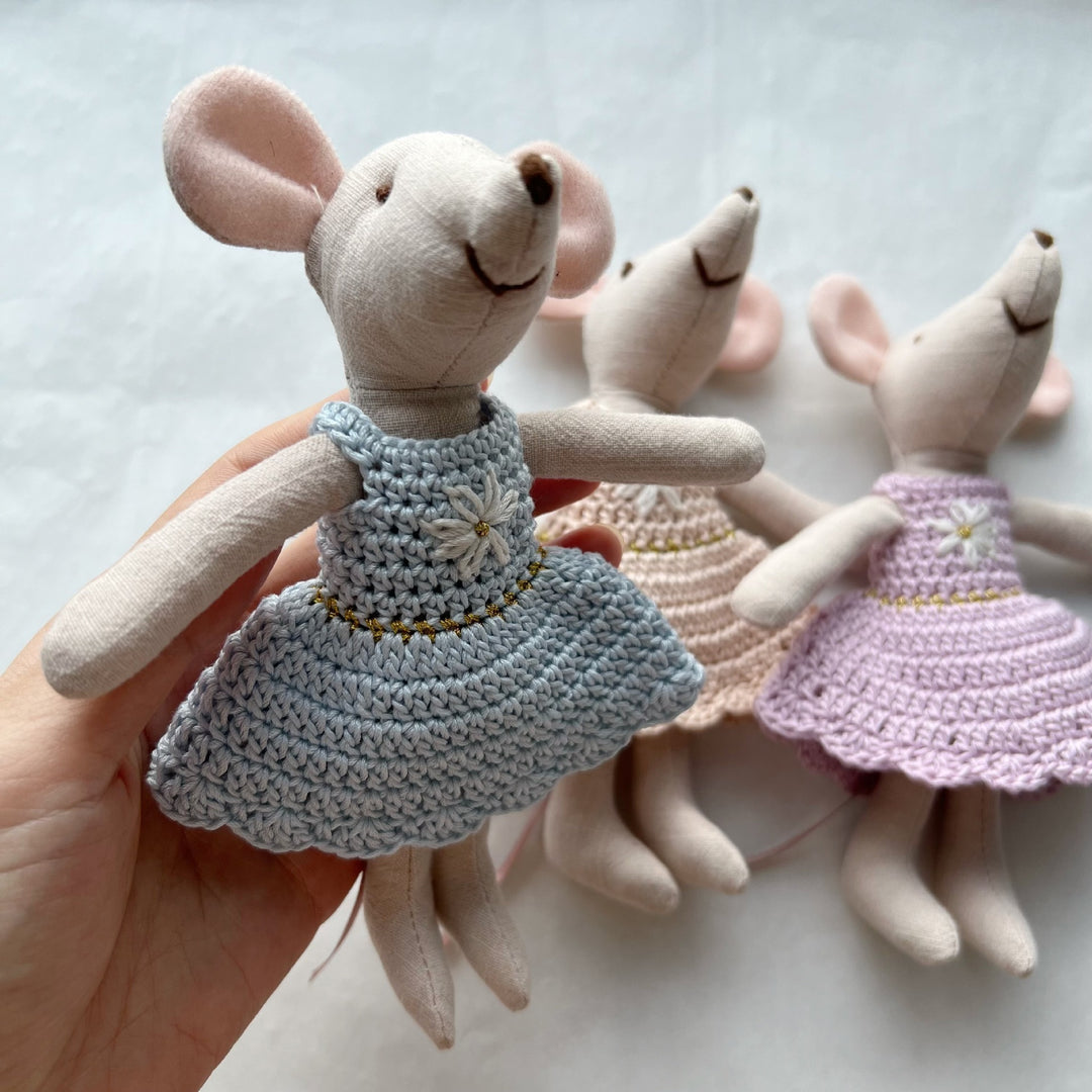 Handcrafted Linen Plush Mouse Doll with Crocheted Dress and Embroidered Details