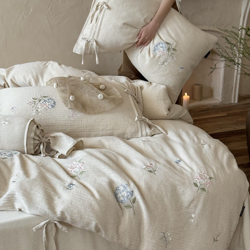Hand-Stitched Floral Cotton Gauze Duvet Cover and Tie-Sham Set