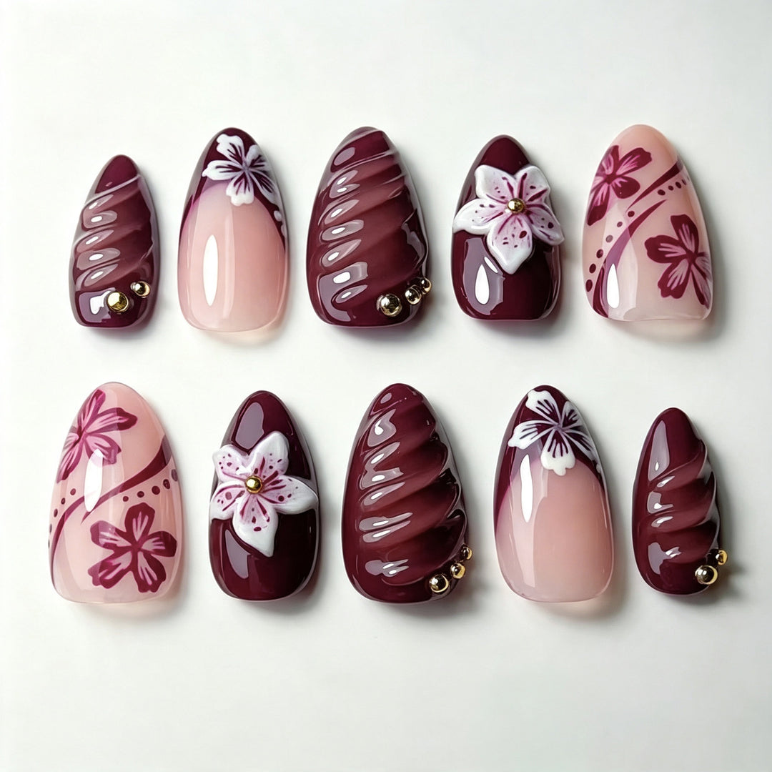 Artistic Press-On Nail Art Set with Floral and Glossy Designs Stornfield