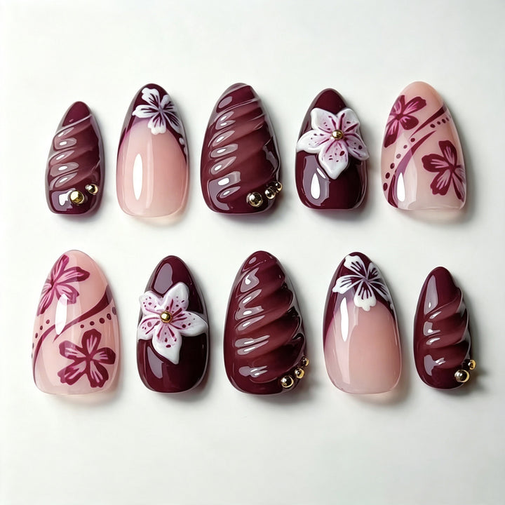 Artistic Press-On Nail Art Set with Floral and Glossy Designs Stornfield