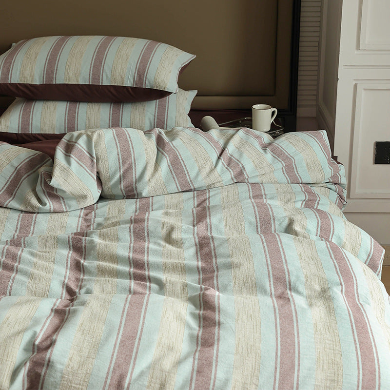 Striped Textured Cotton-Linen Reversible Duvet Cover Set with Pillow Shams