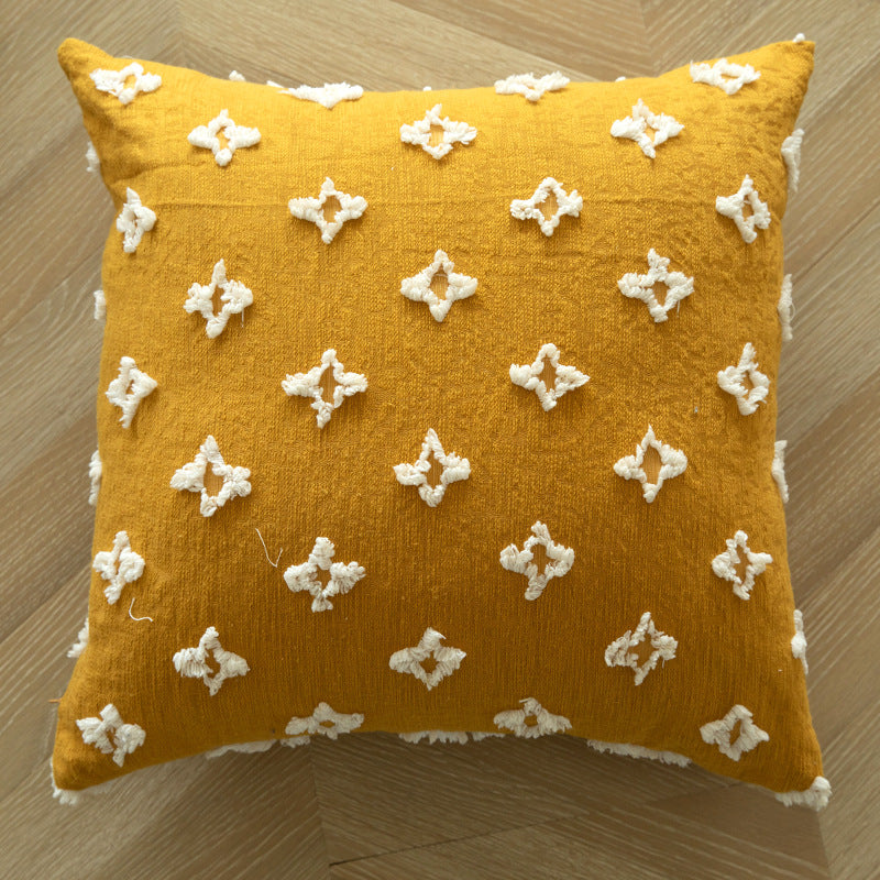 Square Textured Pom-Pom Dot Throw Pillow Cushion with Tassel Corners and Shaggy Tufted Accents