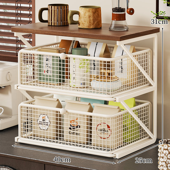 Countertop Coffee Station Organizer with Wooden Top and Metal Wire Basket