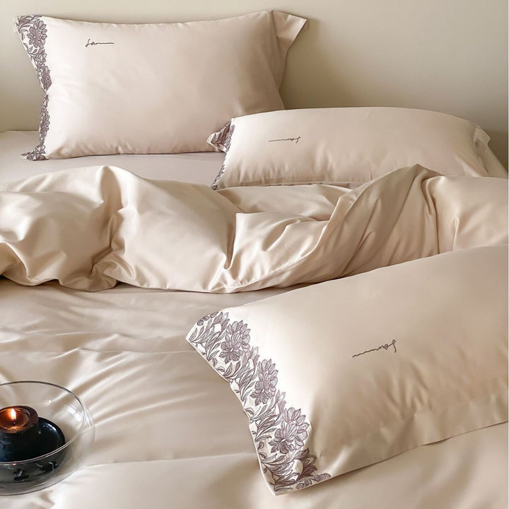 Cotton satin duvet cover set with fine floral border embroidery and silky feel