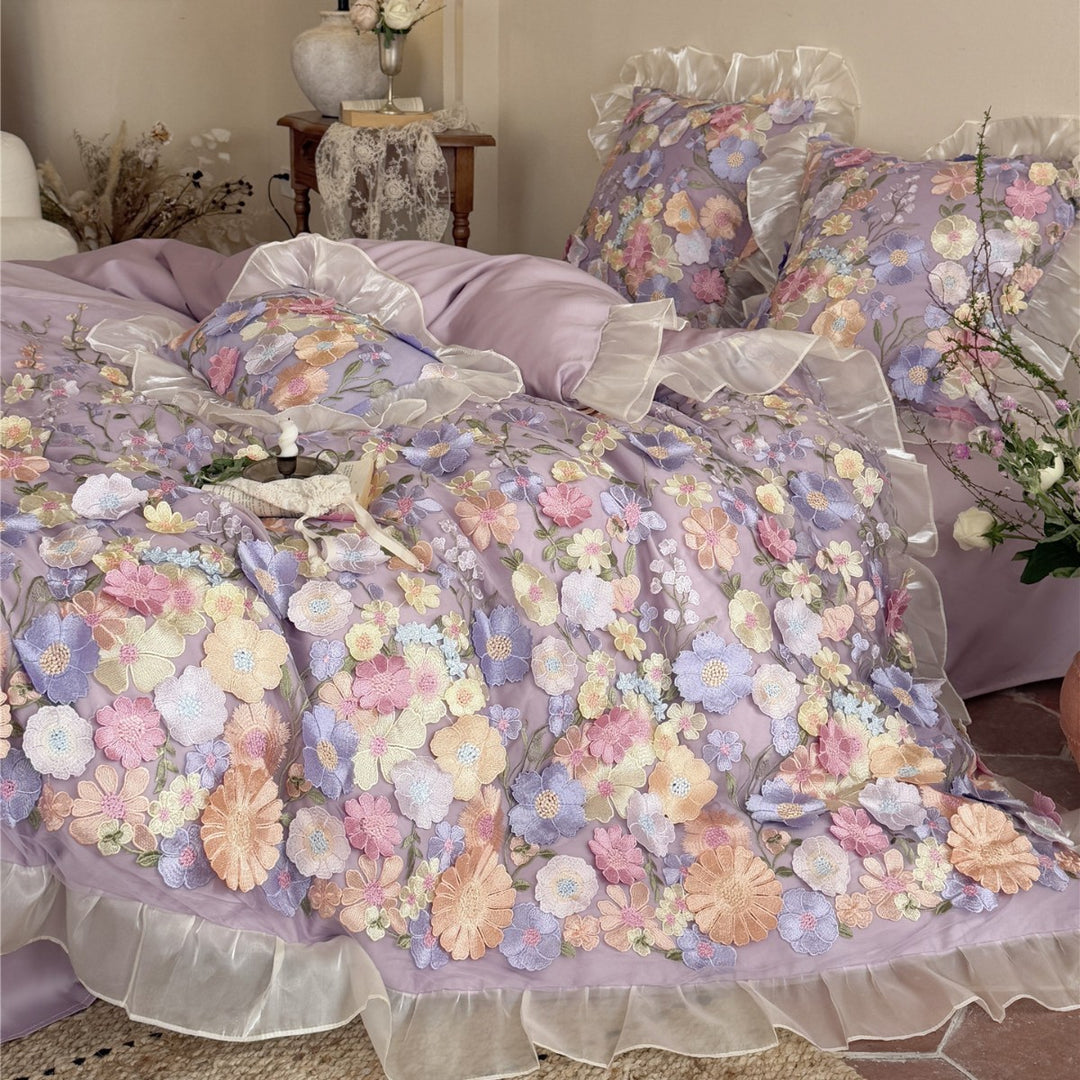 3D Floral Lace Appliqué Ruffled Duvet Cover Set