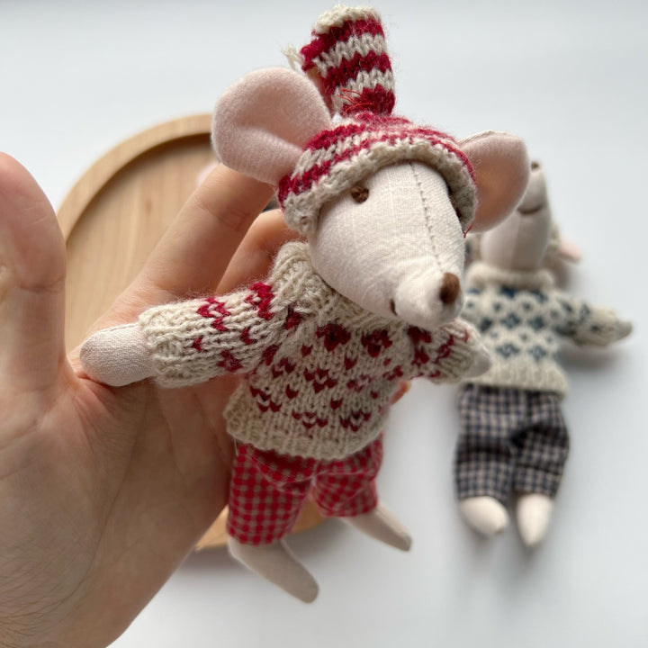 Artisan Linen Play Mouse Doll with Gingham Dress