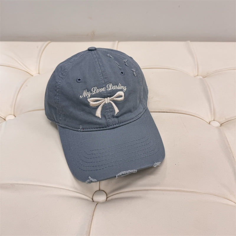Women's Distressed Cotton Baseball Cap with Bow Embroidery Stornfield