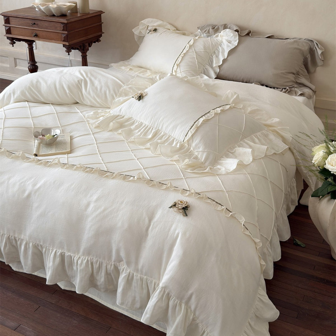 Washed Linen Ruffled Duvet Cover Set with Embroidered Floral Appliqué