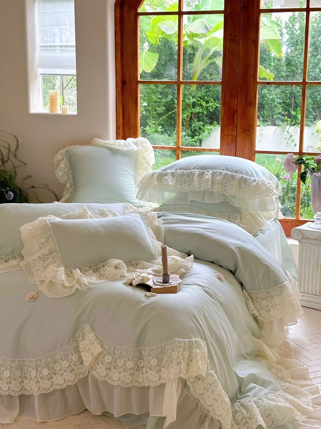 Victorian-Inspired Ruffled Lace Duvet Cover and Sham Set