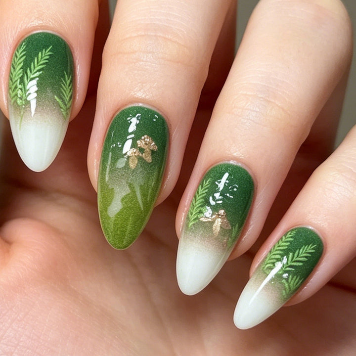 Elegant Leaf-Inspired Stiletto Nail Enhancements Stornfield