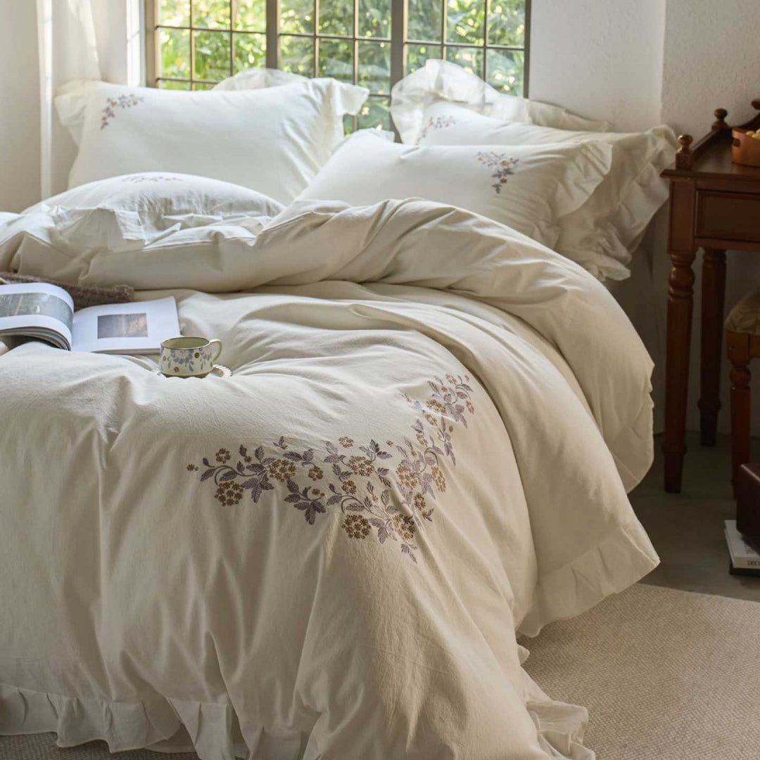 Romantic cotton percale bedding set with floral embroidery and ruffle