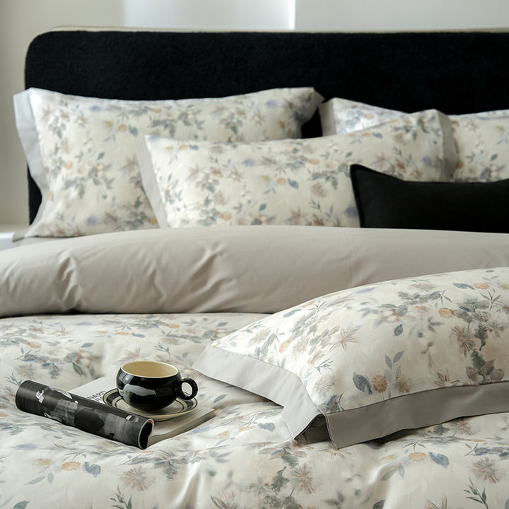 Botanical-Print Washed Cotton Duvet Cover Set with Contrast Hem and Oxford Border Pillowcases