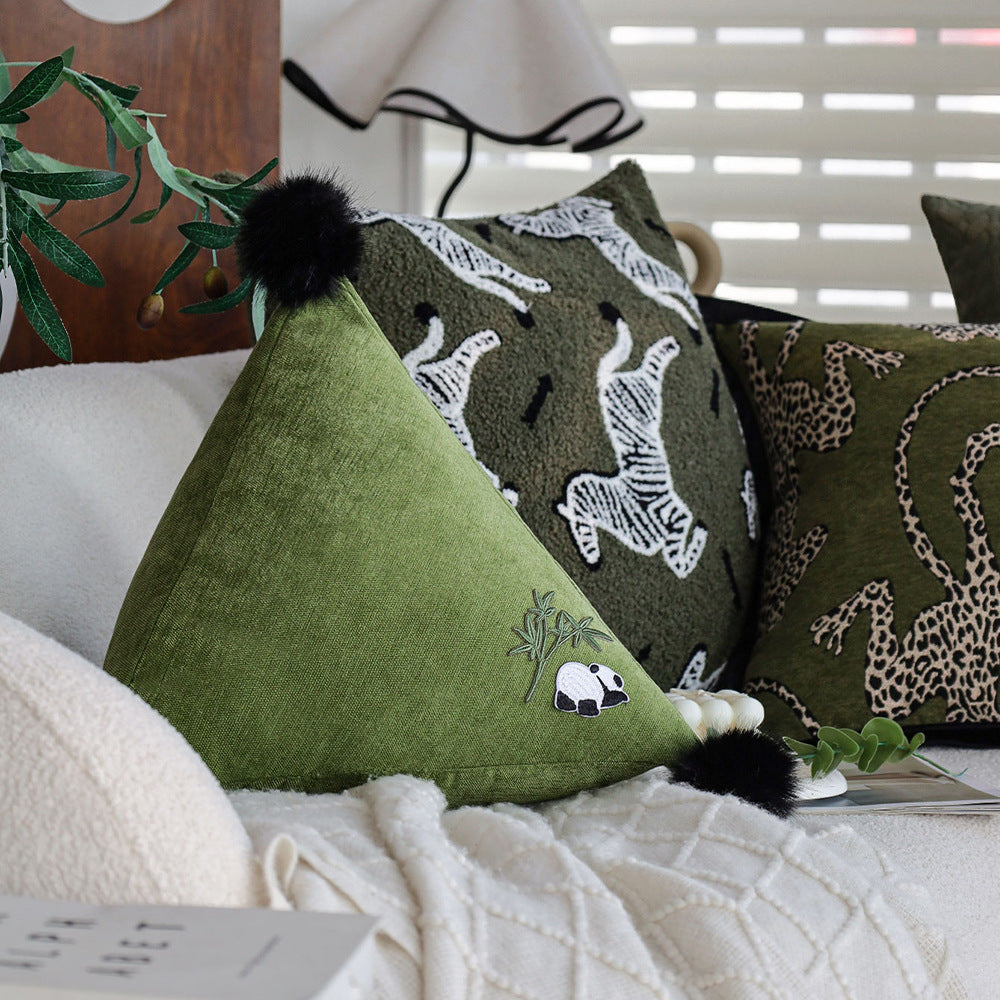 Triangular Decorative Back Cushion with Panda Embroidery and Fluffy Pom Poms Stornfield