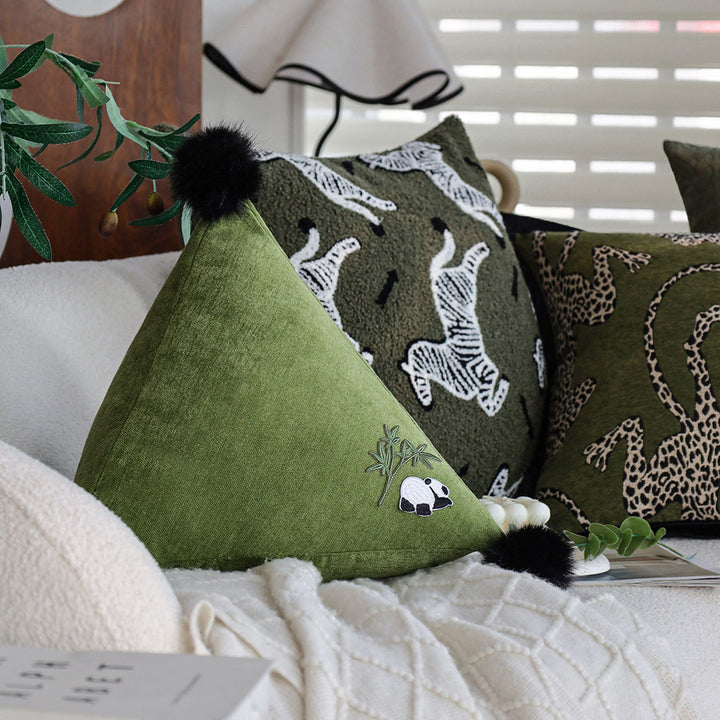 Triangular Decorative Back Cushion with Panda Embroidery and Fluffy Pom Poms Stornfield