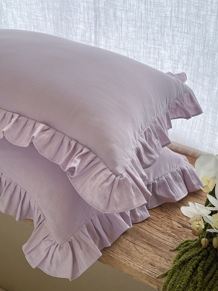 Ruffled Linen Pillowcase Set with Soft Washed Linen Texture