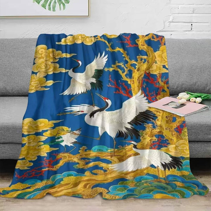 Elegant Crane-Patterned Fleece Throw Blanket