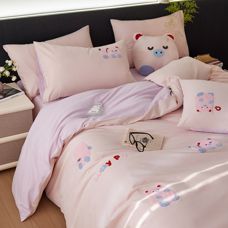 Luxurious cotton bedding set with cherry embroidery and reversible design
