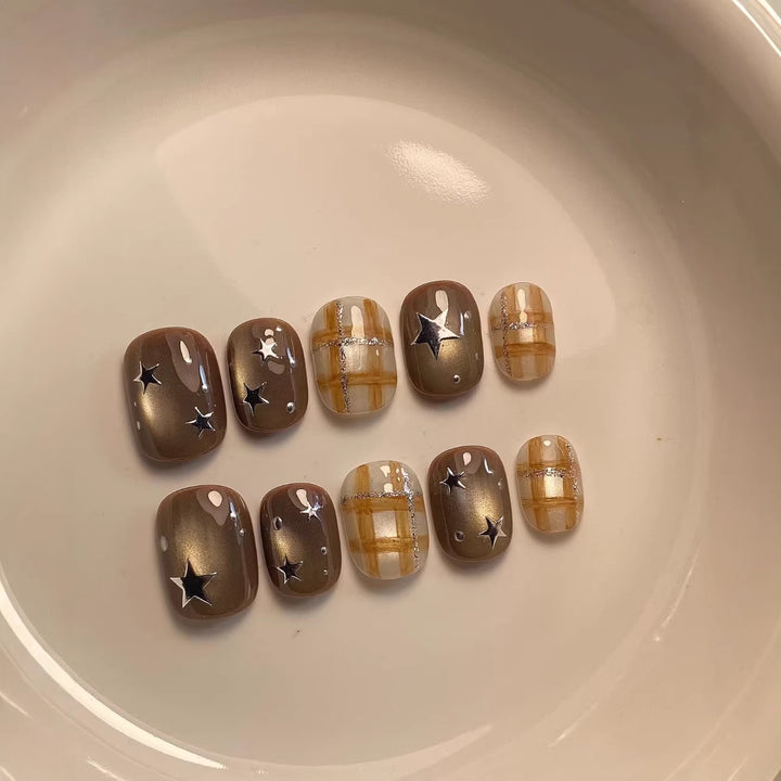 Decorative Press-On Nail Art Set with Star and Plaid Designs