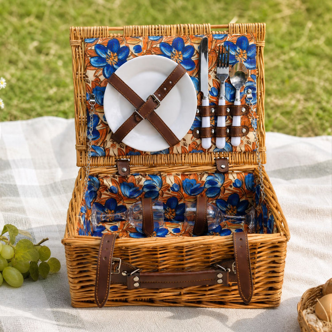 Ladies Luxury Picnic Basket with Offset Dish Compartment and Floral Lining Stornfield
